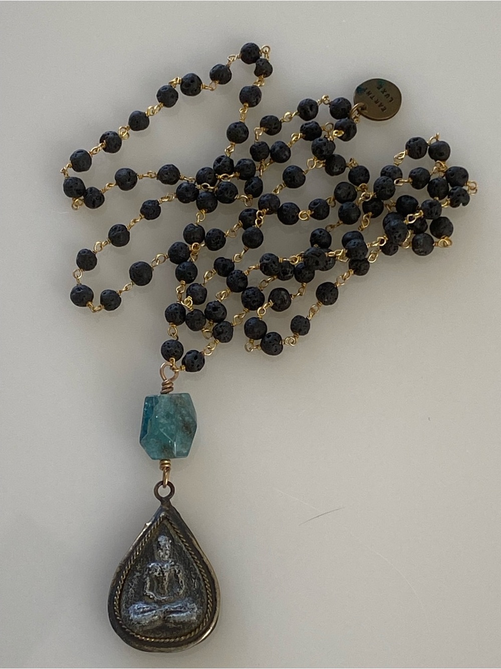 Lava Beads, Apatite & Vintage Buddha Charm Necklace